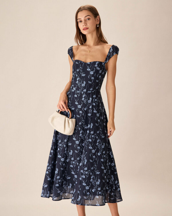 Navy Floral Neck Midi Dress