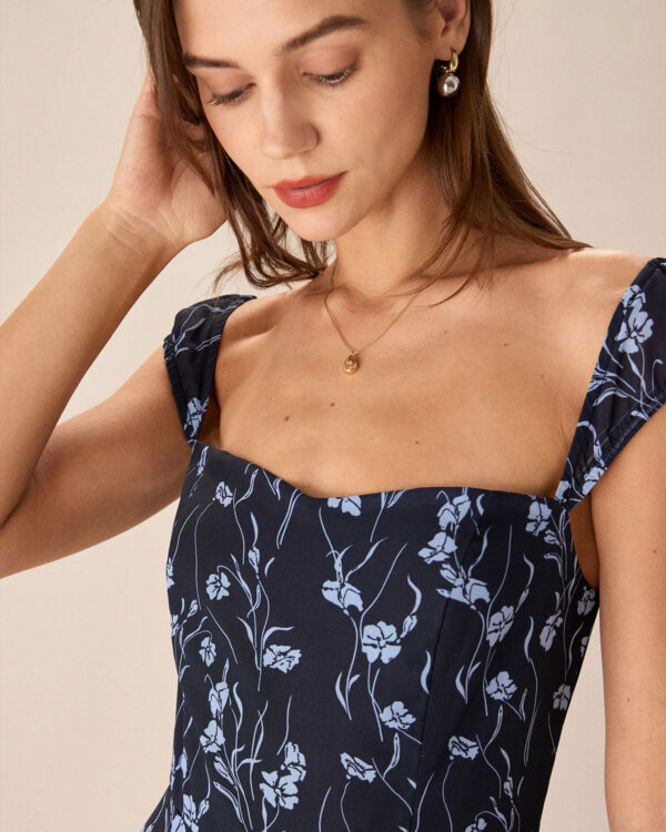 Navy Floral Neck Midi Dress - Image 2