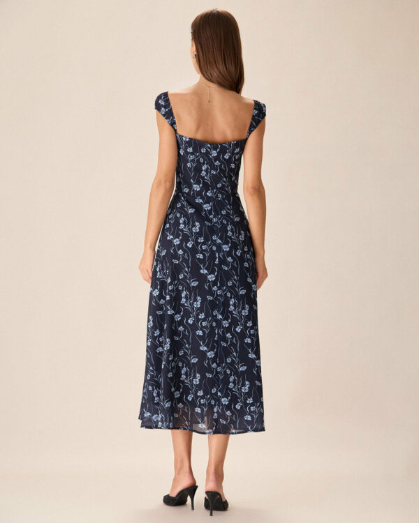 Navy Floral Neck Midi Dress - Image 4