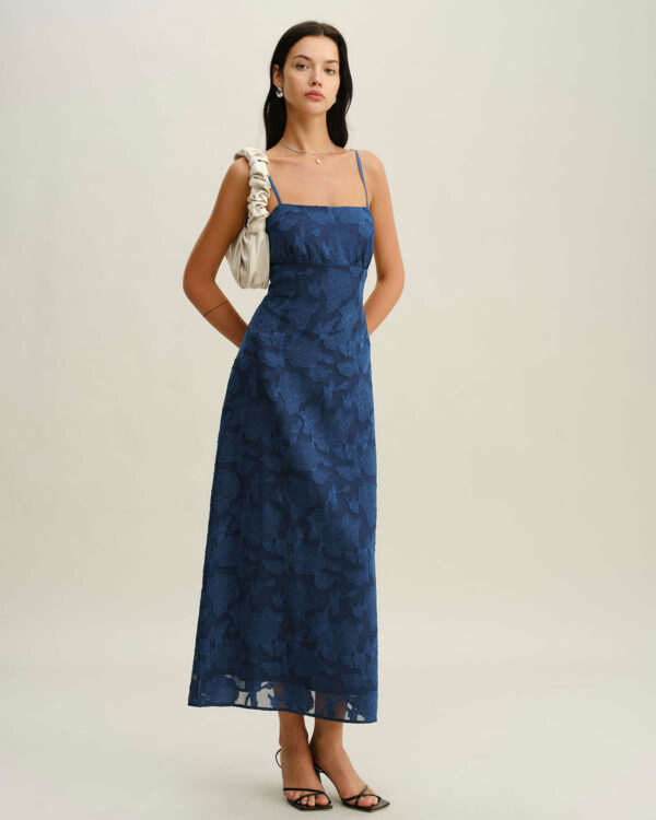 Navy Jacquard Slip Backless Maxi Dress - Image 4