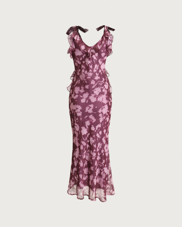 Purple Floral Ruffle Tie Strap Maxi Dress - Image 2