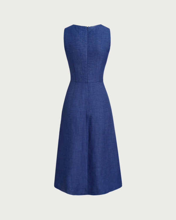 Blue Square Neck Pleated Sleeveless Midi Dress - Image 7