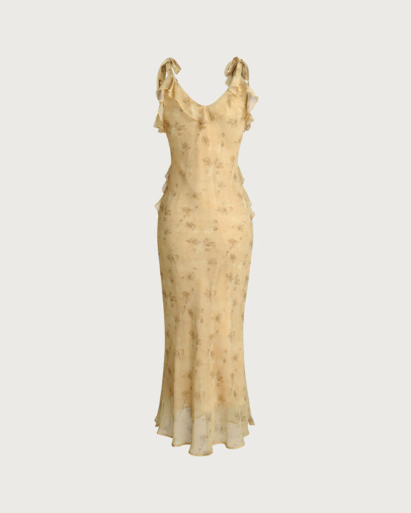 Yellow Floral Chiffon Tie Strap Maxi Dress - Image 2