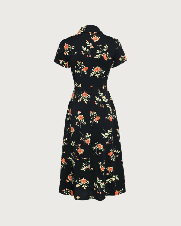 Black Floral Button A-Line Midi Dress - Image 7