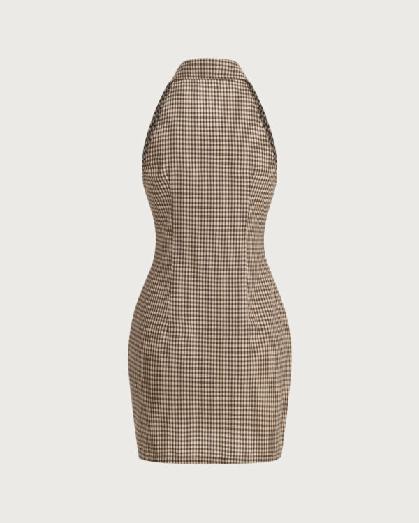 Brown Plaid Button Sleeveless Mini Dress - Image 2