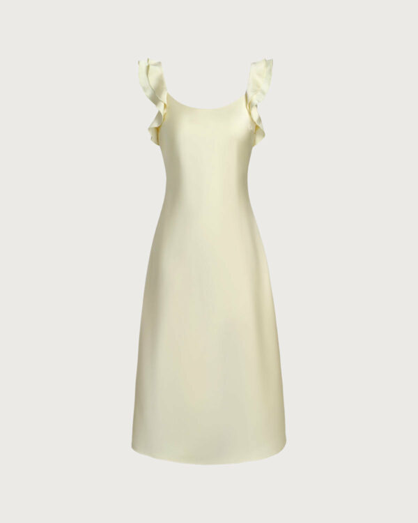 Yellow Square Neck Ruffle Satin Midi Dress - Image 7