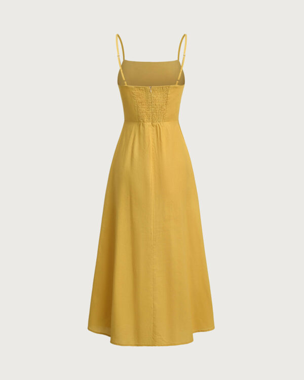 Yellow Square Neck Shirred Slip Midi Dress - Image 7