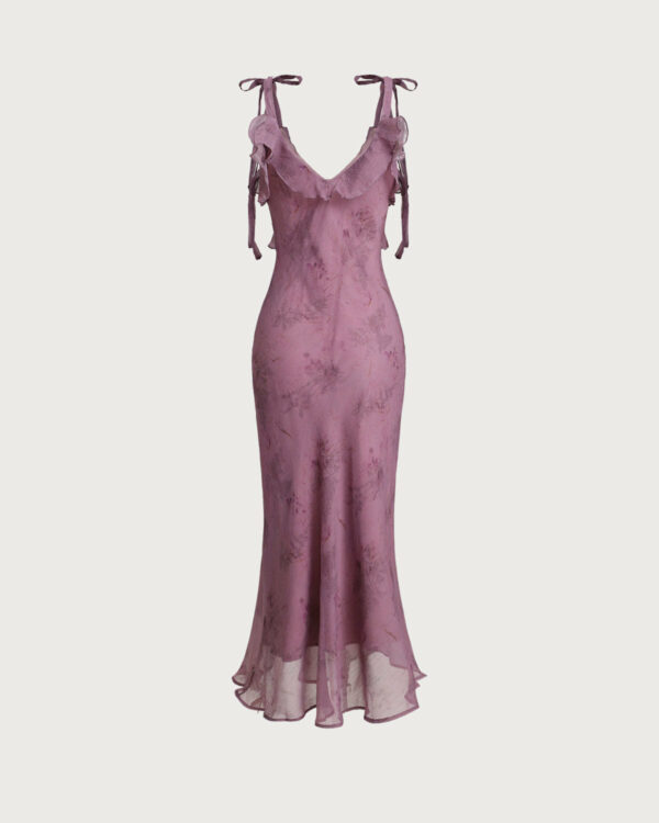 Purple Floral Ruffle Tie Strap Midi Dress - Image 2
