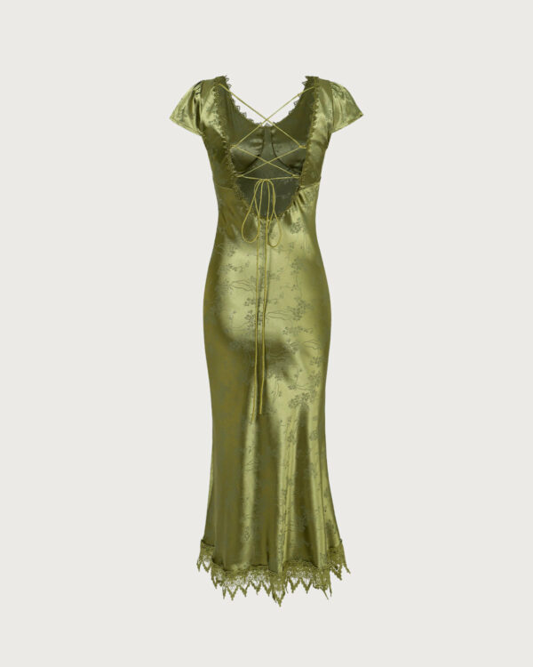 The Green Jacquard Cap Sleeve Satin Midi Dress - Image 8