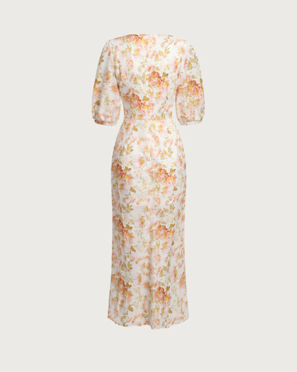 Orange Floral V-Neck Puffed Sleeve Maxi Dress - Image 8