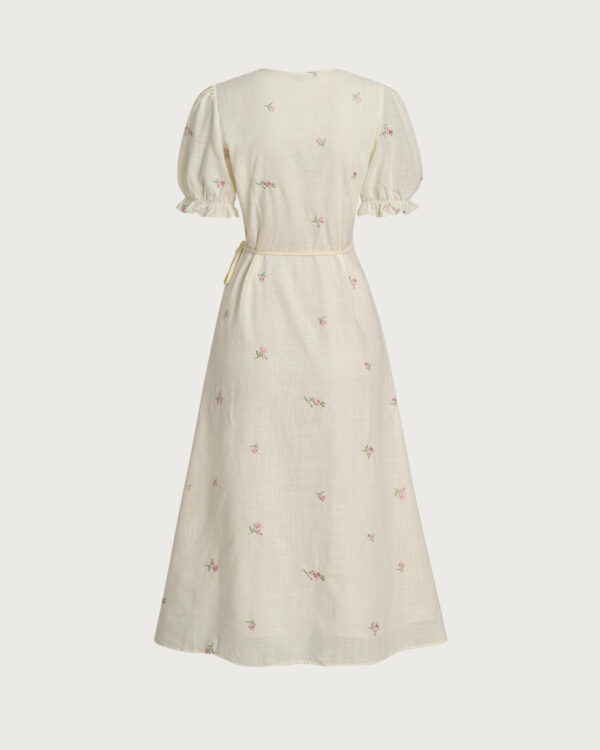 Beige Embroidery Puffed Sleeve Wrap Midi Dress - Image 8