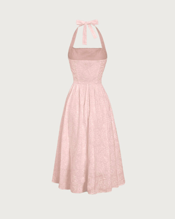 Pink Embroidery Halter Midi Dress - Image 6