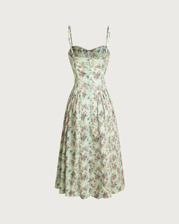 Green Floral Neck Pleated Slip Midi Dress - Image 6
