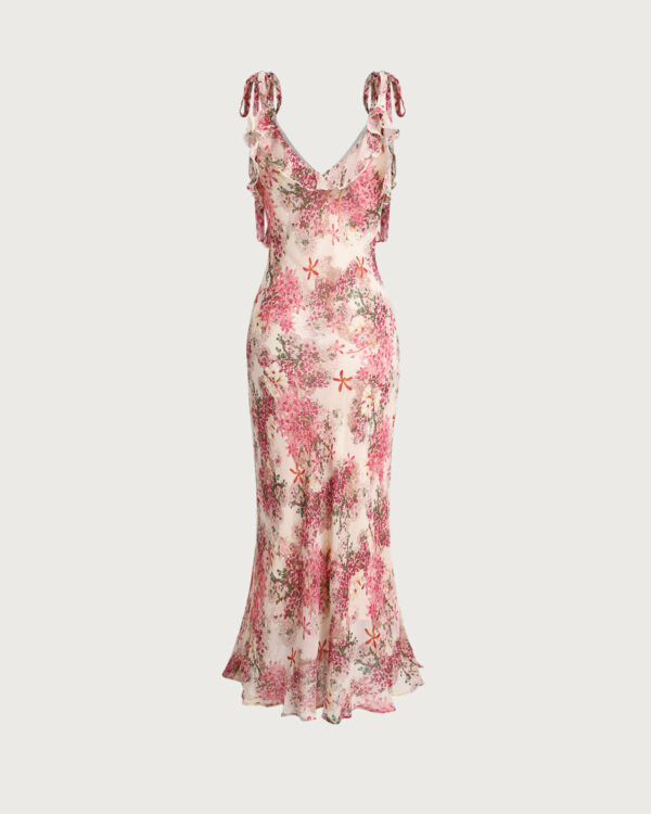 Pink Floral Ruffle Tie Strap Midi Dress - Image 2