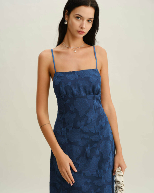 Navy Jacquard Slip Backless Maxi Dress - Image 3