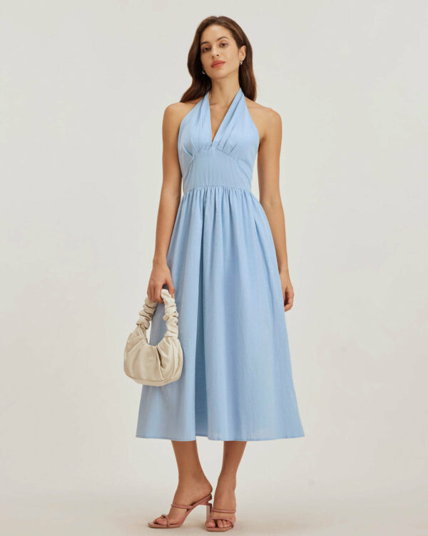 Blue Halter Pleated Midi Dress - Image 4
