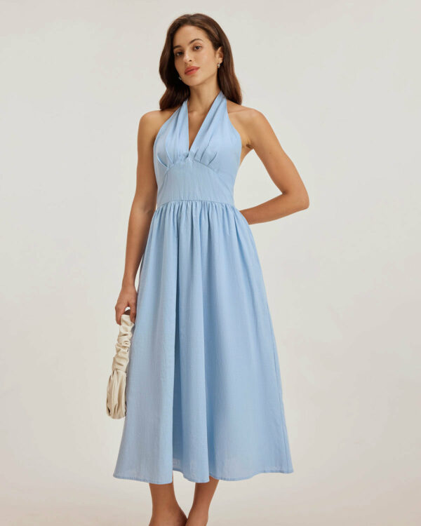 Blue Halter Pleated Midi Dress