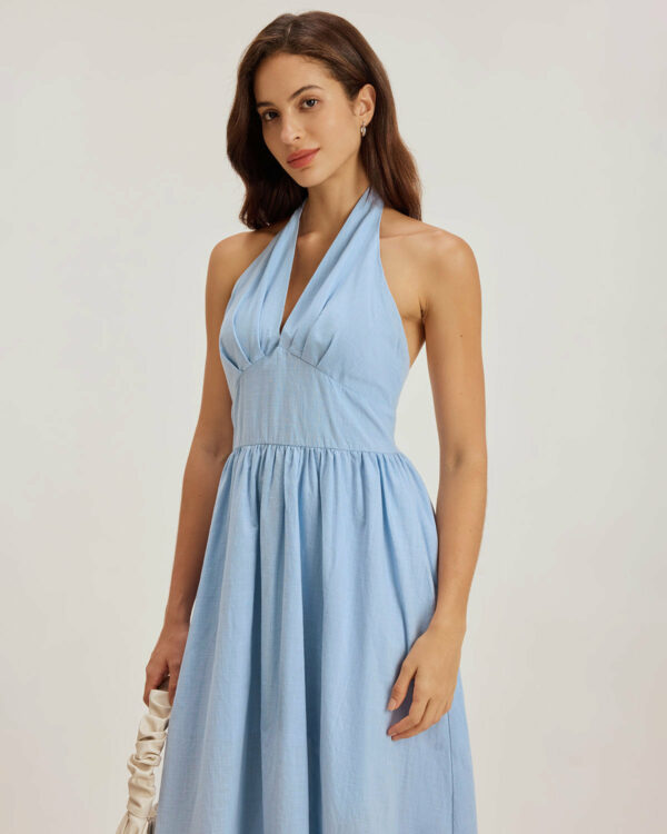 Blue Halter Pleated Midi Dress - Image 2