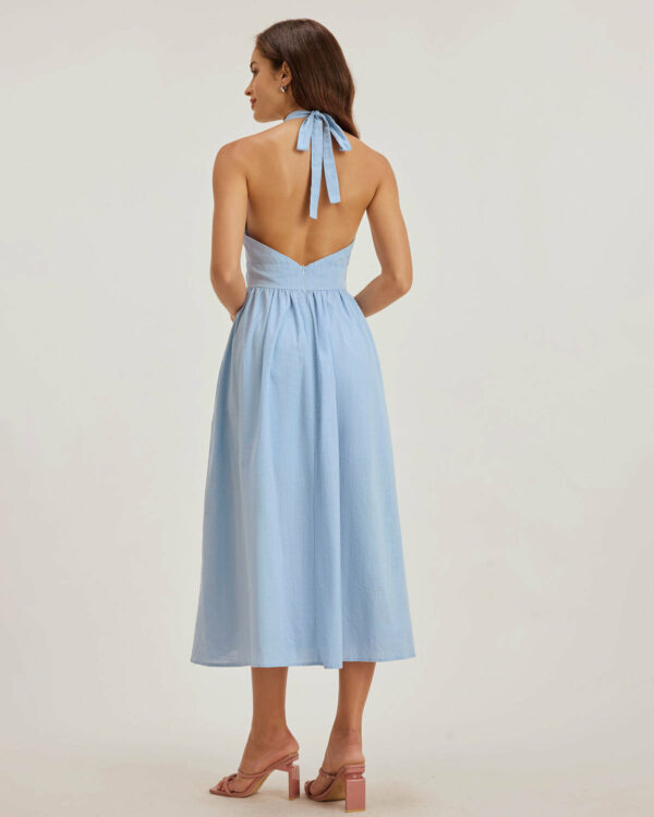 Blue Halter Pleated Midi Dress - Image 5