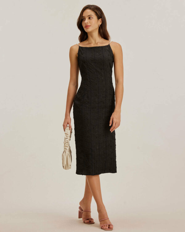Black Textured Beaded Strap Midi Dress - Image 4