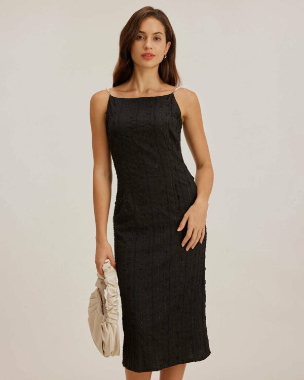 Black Textured Beaded Strap Midi Dress