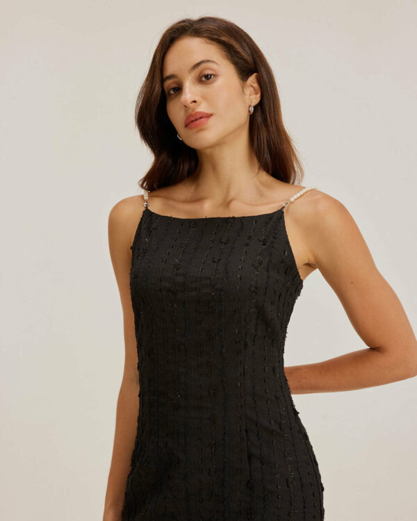 Black Textured Beaded Strap Midi Dress - Image 3