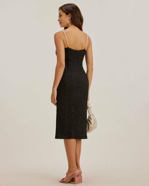 Black Textured Beaded Strap Midi Dress - Image 5
