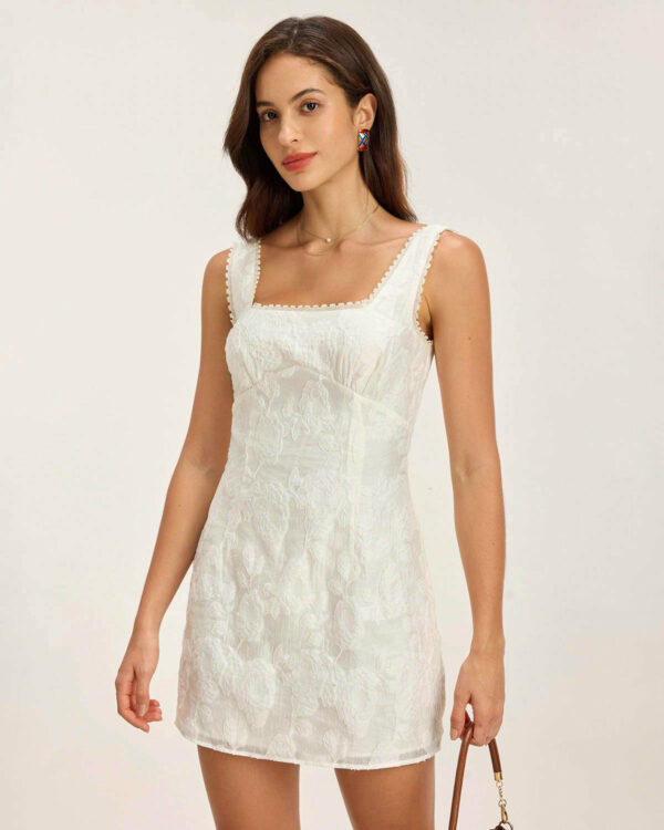White Textured Square Neck Slip Mini Dress - Image 4