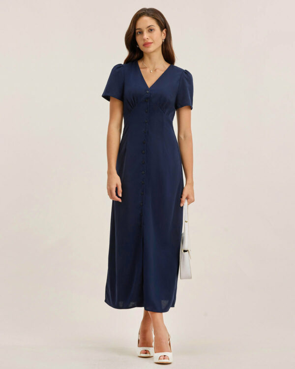 Blue V Neck Button Pleated Midi Dress - Image 3