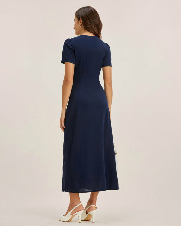 Blue V Neck Button Pleated Midi Dress - Image 5