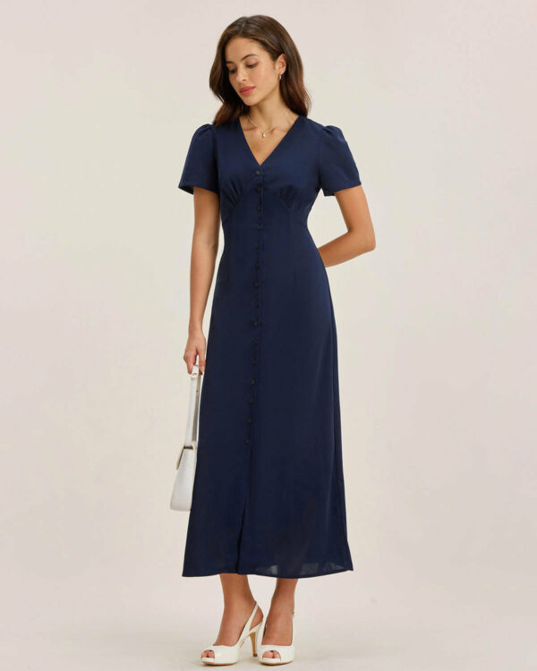 Blue V Neck Button Pleated Midi Dress - Image 4
