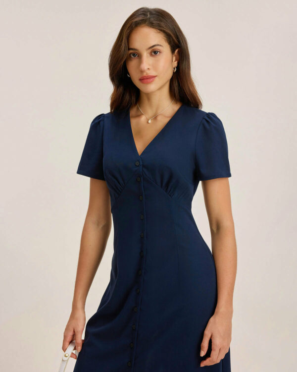 Blue V Neck Button Pleated Midi Dress - Image 2