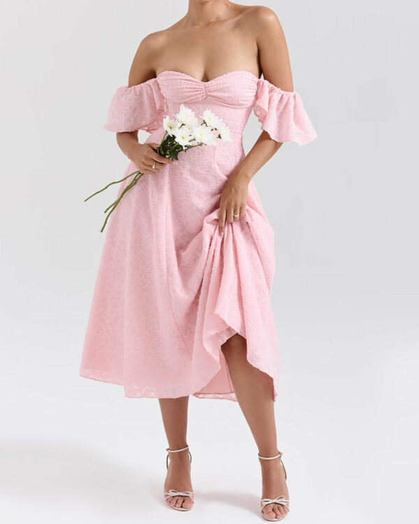 Pink Jacquard Ruched Square Neck Midi Dress - Image 4