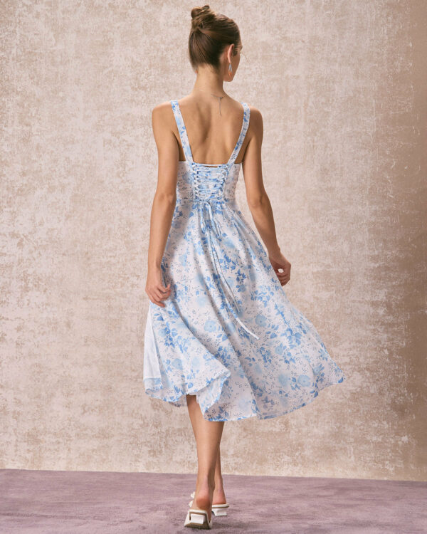 The Blue Square Neck Floral Ruched Midi Dress - Image 4