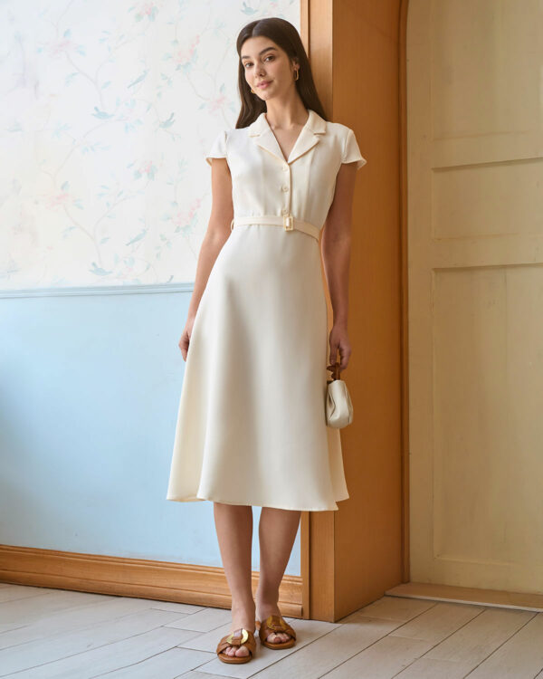 The Beige Lapel Cap Sleeve Shirt Midi Dress - Image 7