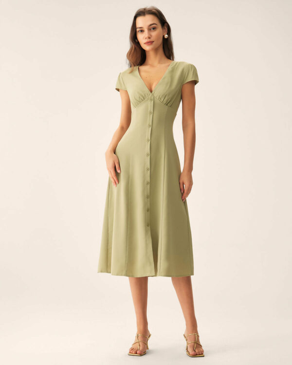Green V-Neck Button Midi Dress - Image 3