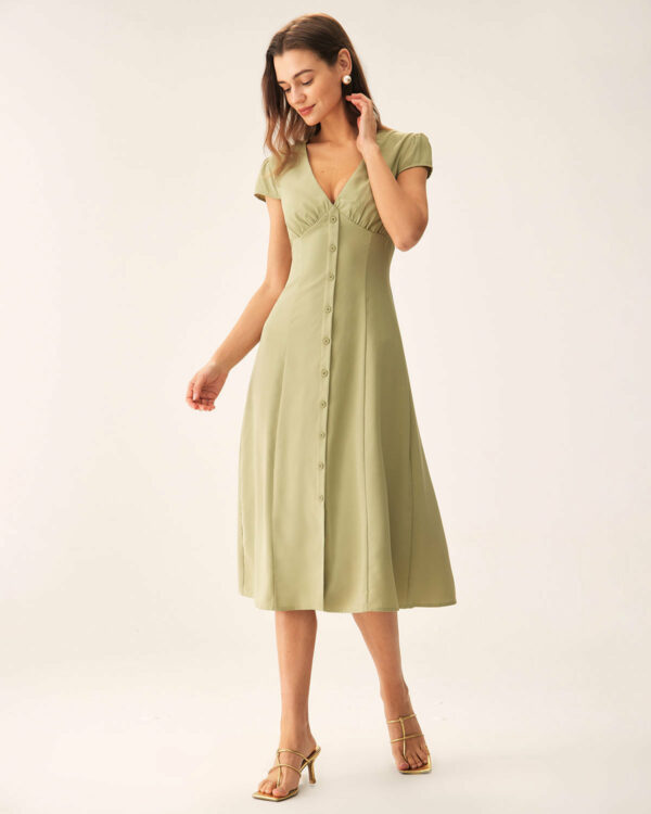Green V-Neck Button Midi Dress - Image 4