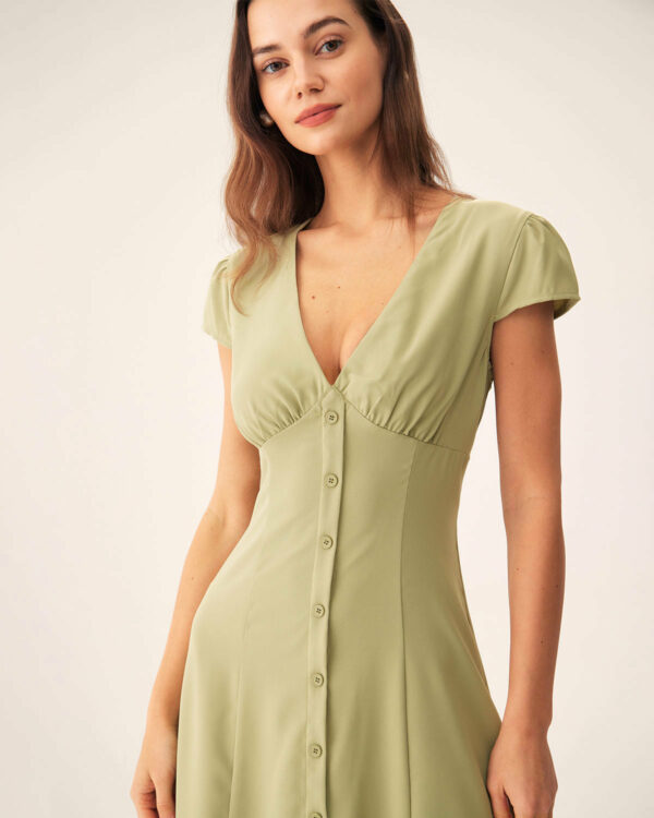 Green V-Neck Button Midi Dress - Image 2