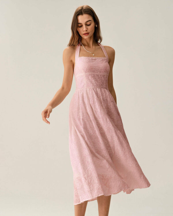 Pink Embroidery Halter Midi Dress - Image 2