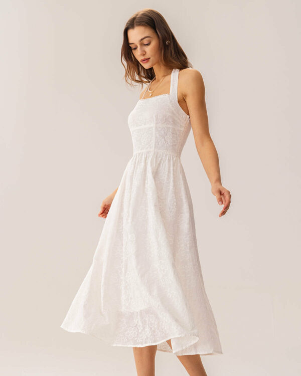 White Embroidery Halter Midi Dress - Image 4