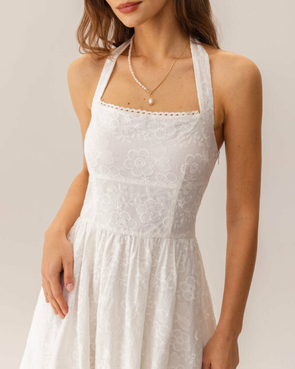 White Embroidery Halter Midi Dress - Image 2