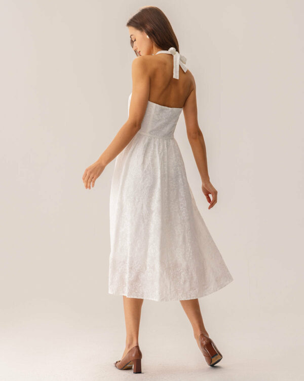 White Embroidery Halter Midi Dress - Image 5
