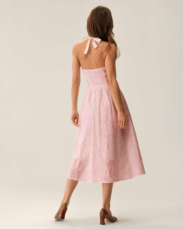 Pink Embroidery Halter Midi Dress - Image 4