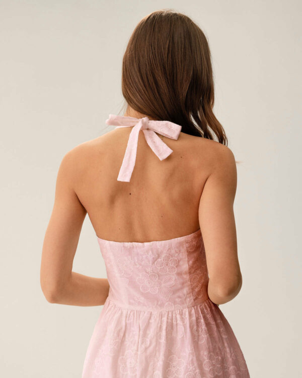 Pink Embroidery Halter Midi Dress - Image 3