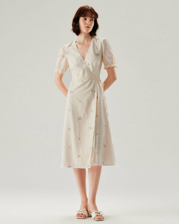 Beige Embroidery Puffed Sleeve Wrap Midi Dress - Image 5