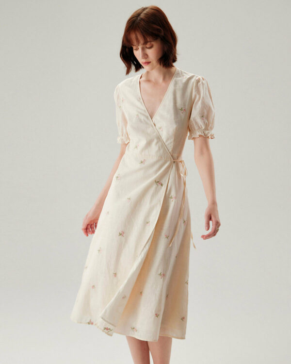 Beige Embroidery Puffed Sleeve Wrap Midi Dress - Image 4