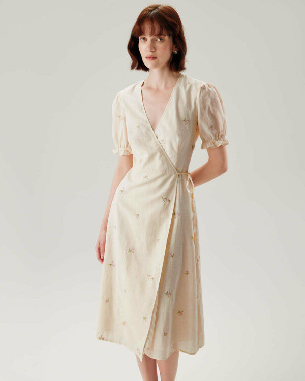 Beige Embroidery Puffed Sleeve Wrap Midi Dress