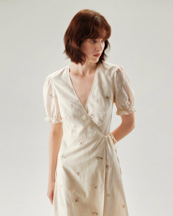 Beige Embroidery Puffed Sleeve Wrap Midi Dress - Image 2