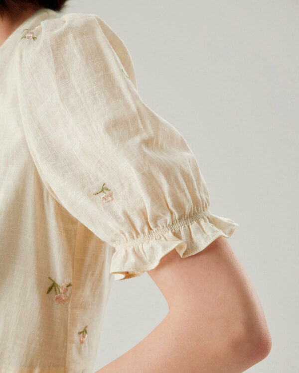 Beige Embroidery Puffed Sleeve Wrap Midi Dress - Image 3
