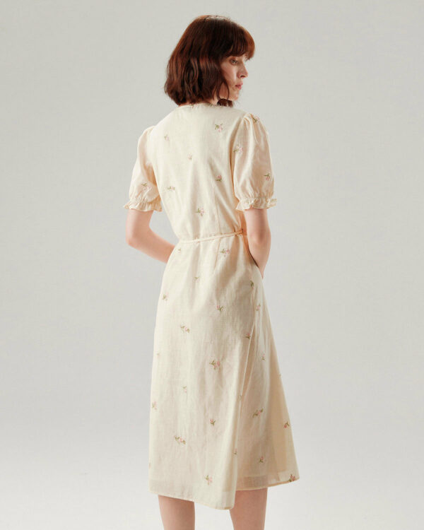 Beige Embroidery Puffed Sleeve Wrap Midi Dress - Image 6
